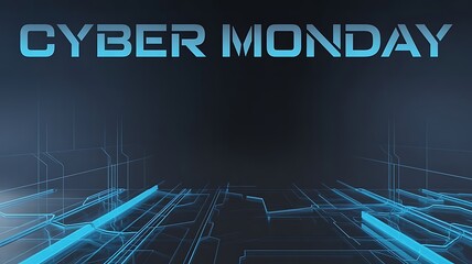 Cyber monday text with blue futuristic circuit board design on dark background for online sale promotion