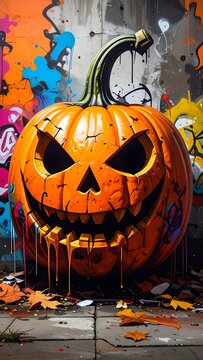 Menacing carved Halloween pumpkin against a colorful urban graffiti wall.