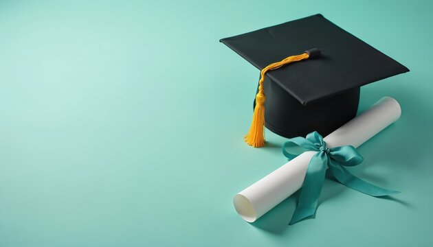 Black graduation cap with yellow tassel rests on teal background next to diploma scroll tied with teal ribbon. Symbolizes academic achievement, education, and successful completion of studies.