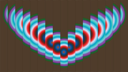 Abstract rainbow gradient circles with brown vertical slices illustrating wave interference