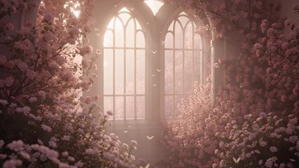 Sunlit Gothic Arch Window Framed by Blooming Pink Garden at Dawn - Powered by Adobe