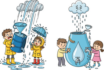 Cartoon children collecting rainwater and fixing water leakage, save water awareness, environment protection, drought prevention, sustainable water conservation illustration
