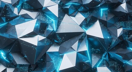 Abstract geometric background featuring a dynamic arrangement of dark and light triangles with glowing blue lines and particles.