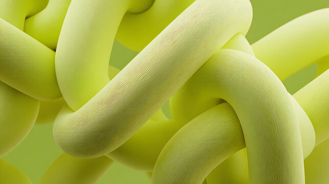 Intertwined tubular forms with textured surfaces in vibrant lime green abstract interconnected