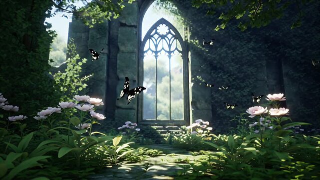 Sunlit Gothic Ruined Abbey Window Enveloped by Lush Greenery and Ivy