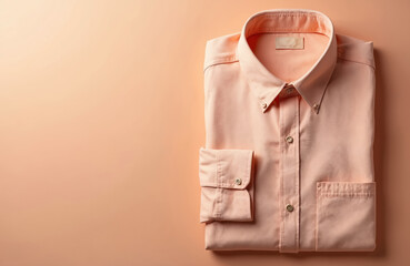 A folded peach button-down shirt sits neatly on a matching peach background. Its texture is finely detailed, suitable for fashion or apparel content. The garment is clean and simple.