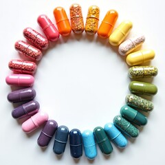 Obraz premium Colorful medicine capsules arranged in circle on white background. Variety of pills for medical treatment, therapy, or dietary supplements. Health and wellness concept.