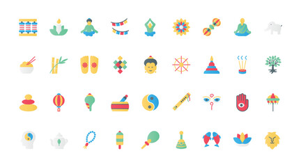 Thai temples and Buddha statue, holistic symbols of zen meditation, wellness and retreat, Buddhist and monk spiritual poses for spirit balance. Buddhism flat icons set vector illustration.