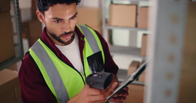 Scan, label and man with tablet for supply chain, shipping and delivery invoice with boxes. Small business, ecommerce and worker with barcode scanner for inventory, distribution or logistics receipt