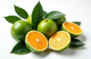 Whole and halved green oranges with vibrant orange pulp and fresh leaves are arranged against a clean white background. The juicy citrus fruits are ideal for food, health, and tropical themes.