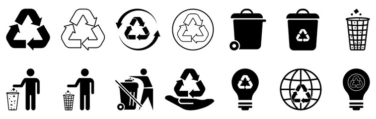 Recycling icon set for eco friendly projects. Recycling bin icons for eco projects. Clean environment recycling symbol icons. Teamwork icons for clean environment. Recycle symbol icons for project