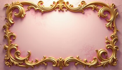 Gold frame on pink. Ornate design with swirls. Decorative element for wedding invitation. Luxurious vintage border on pastel color. Art deco, baroque style with space for text, photos.