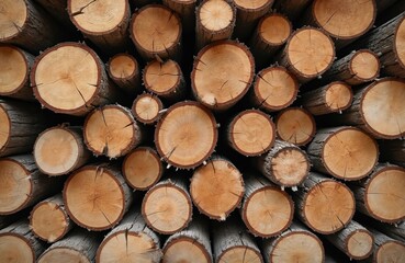 Pile of cut tree logs are stacked. Firewood is prepared for winter or construction. Timber material background with natural texture and pattern from wooden logs. Wood industry concept design.