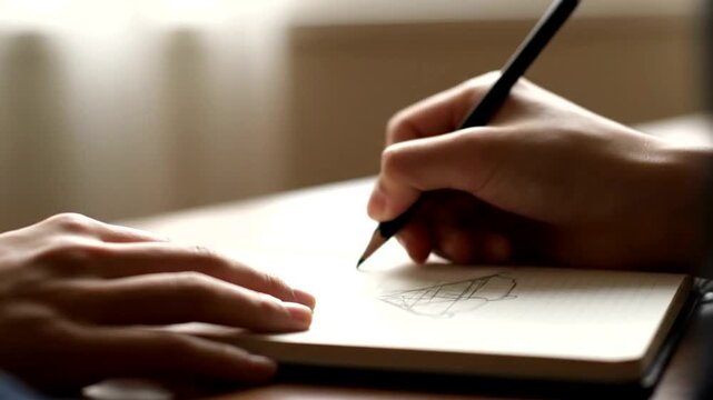 Creative sketching process animation, hands drawing with pencil on paper pad artistic expression,