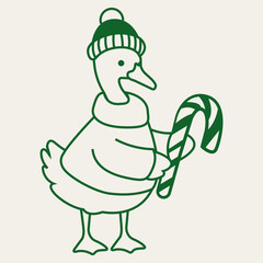 Christmas goose illustration wearing beanie and holding candy cane. Holiday goose line art for festive decor, greeting cards, stickers.