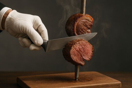 Carving Brazilian Steak on Skewer
