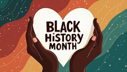 Dark skin hands hold heart with Black History Month message. Colorful banner commemorates black heritage. Celebration includes African American culture, promoting diversity, equality, educational