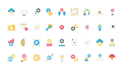 Fototapeta premium Gears, operations of repair and maintenance system flat icons set vector illustration. Cogwheels of mechanism and wrench, pictograms of control and update data, technical modification.