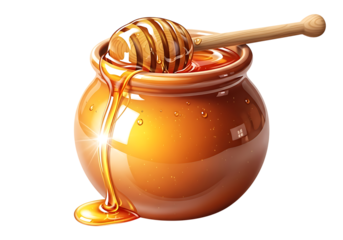 Golden honey dripping from a wooden dipper into a ceramic pot isolated on transparent background