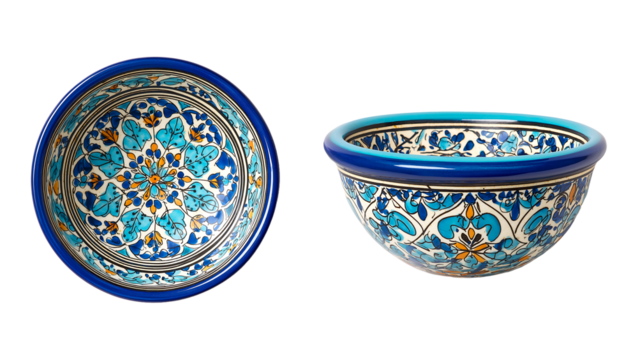 Vibrant Hand-Painted Ceramic Bowl with Traditional Floral Patterns isolated on transparent background