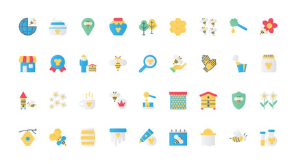 Honey, apiary and beekeeping flat icons set vector illustration. Symbols honey farm collection with propolis and pollen, sweet nectar of flower flavor and honeycomb, beekeeper and beehive.