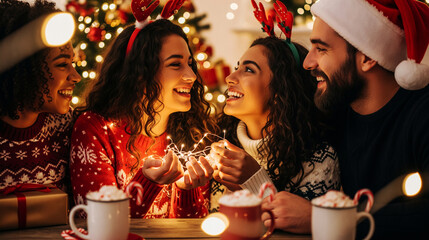 Diverse friends celebrating Christmas with festive lights and hot cocoa, enjoying holiday cheer together