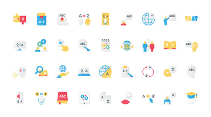 Language learning flat icons set. Language study and acquisition symbols, books and dictionaries, speech bubbles, online courses, and multilingual communication tools.