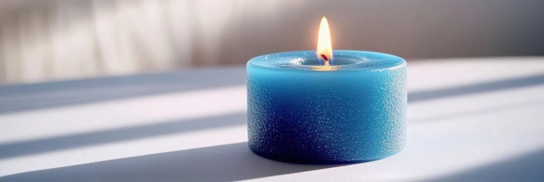 A vibrant blue candle burns softly, casting gentle shadows in a serene setting, creating a calming atmosphere.