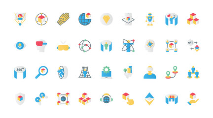 Fototapeta premium Metaverse flat icons set vector illustration. Pictograms of VR glasses for virtual world simulation with 360 round view, innovation headset for video game, blockchain and NFT symbols.