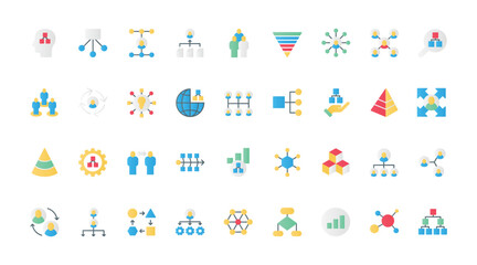 Chart organization flat icons set vector illustration. Hierarchy structure of corporate company department with employees workforce and director, organizational management flowchart.