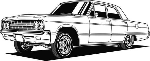 Detailed Vector Line Art of Vintage American Muscle Car, Classic Sedan, Black and White Automotive Illustration