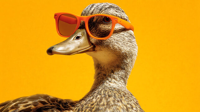 Mallard duck wearing orange sunglasses bird animal - Powered by Adobe