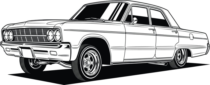 Detailed Vector Line Art of Vintage American Muscle Car, Classic Sedan, Black and White Automotive Illustration