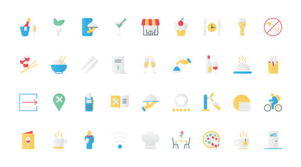 Restaurant flat icons set vector illustration. Pictograms of serving breakfast, lunch or dinner meal and coffee break, online order in smartphone app and food delivery, menu and payment.