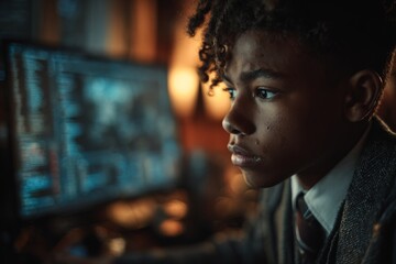 Breaking barriers in it education for a diverse future. Pure emotion. Young black scholar masters coding with a cybersecurity focus. Photojournalism. Reportage shot.