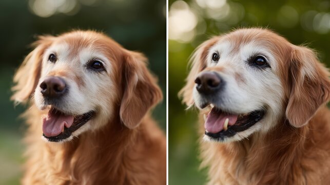 Golden retriever with a joyful expression enjoying a sunny day outdoors in a garden - Powered by Adobe
