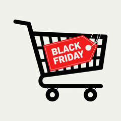Single Vector Icons of Black Friday Shopping Cart with Red Sale Tag. EPS Editable