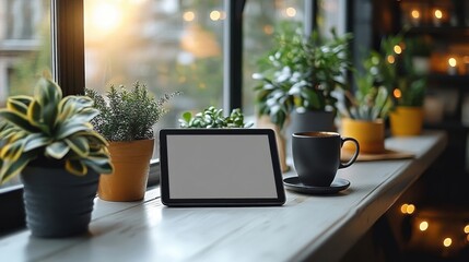 Interior window sill with plants, tablet, and coffee cup, bathed in sunlight and soft bokeh