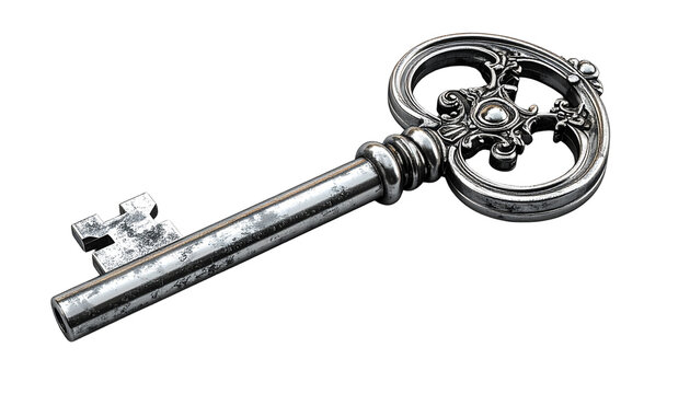 Silver house key with detailed metallic finish — real estate, property, 