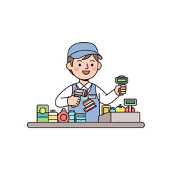 Single Vector Icons of Cartoon Cashier Scanning Groceries at Supermarket Checkout Counter. EPS Editable