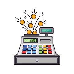 Single Vector Icons of Cash Register with Coins Flying Out. EPS Editable