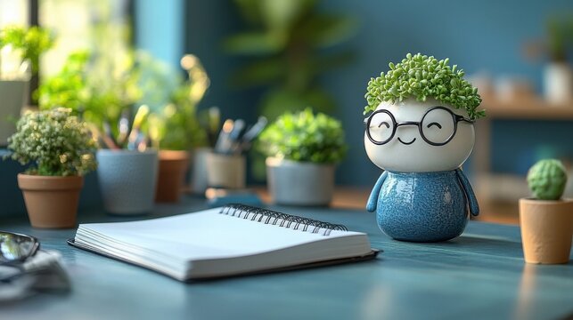 A cheerful plant-headed character sits beside a notebook on a desk, surrounded by greenery
