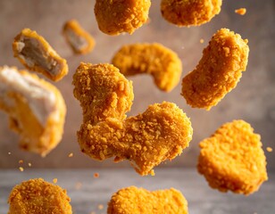 Crispy Chicken Nuggets in Mid-Air - A Delicious Fast Food Concept.