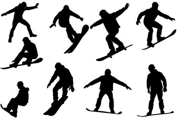 Snowboarder action silhouette bundle illustration isolated on white background