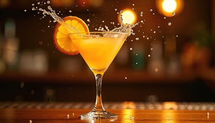 Citrus cocktail in martini glass on bar counter. Drink garnished with orange slice. Splashes fly around glass with beverage. Refreshing alcohol drink for summer party or bar.