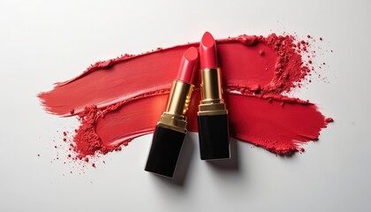 Two red lipsticks rest on of cream makeup and loose powder. Cosmetics for woman beauty, fashion, glamour. Makeup application, product details, color.