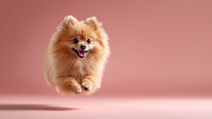 Happy fluffy pomeranian mid jump on a clean pink background, tongue out and joyful expression conveying playful energy, freedom and adorable pet charm in studio setting