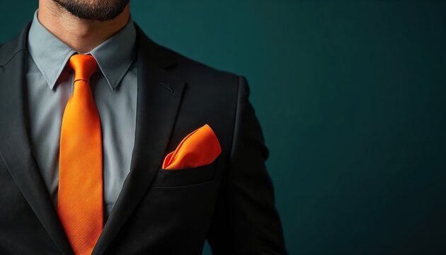 Man in dark suit with gray shirt wears bright orange tie and pocket square. Closeup shot shows formal business attire and professional, stylish look against dark background. - Powered by Adobe