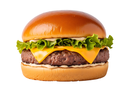 Delicious juicy cheeseburger with fresh lettuce and a brioche bun isolated on transparent background