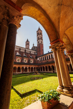 Vercelli, Piedmont, Italy. The Gothic Saint Andrew Basilica, the cloister and the annexed Abbey.